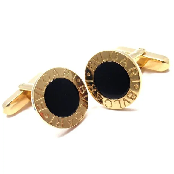 Authentic! Bulgari Bvlgari 18k Yellow Gold Black Onyx Cufflinks - Picture 3 of 6
